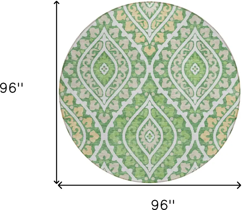 8' Green Beige And Ivory Round Floral Washable Indoor Outdoor Area Rug Photo 8