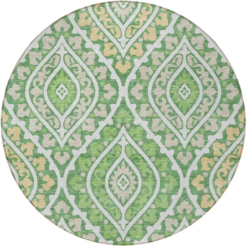 8' Green Beige And Ivory Round Floral Washable Indoor Outdoor Area Rug Photo 5