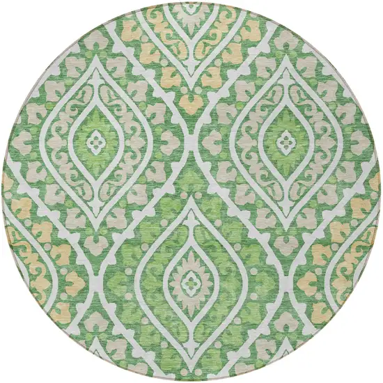 8' Green Beige And Ivory Round Floral Washable Indoor Outdoor Area Rug Photo 5