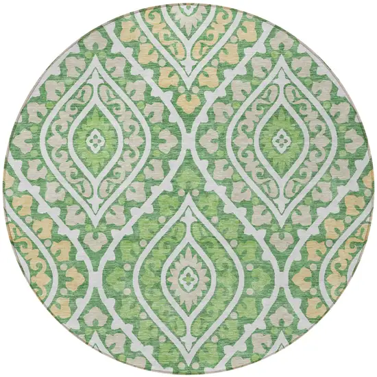 8' Green Beige And Ivory Round Floral Washable Indoor Outdoor Area Rug Photo 5