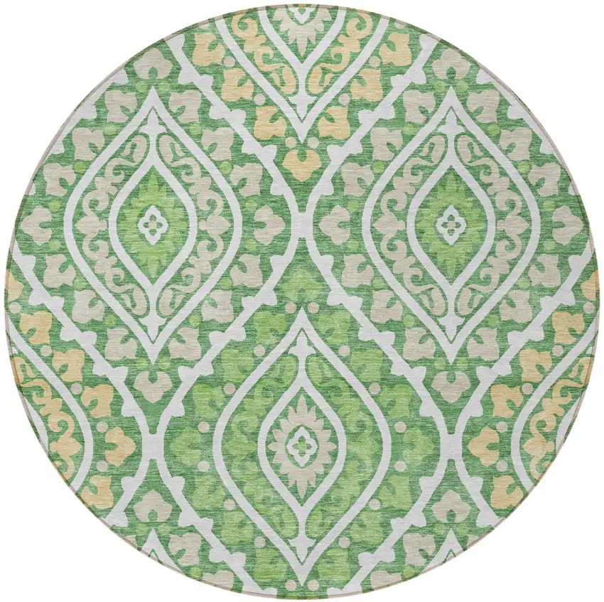 8' Green Beige And Ivory Round Floral Washable Indoor Outdoor Area Rug Photo 5