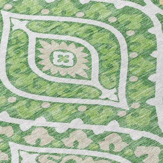 8' Green Beige And Ivory Round Floral Washable Indoor Outdoor Area Rug Photo 9