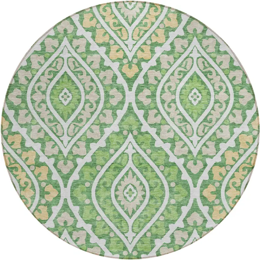 8' Green Beige And Ivory Round Floral Washable Indoor Outdoor Area Rug Photo 1