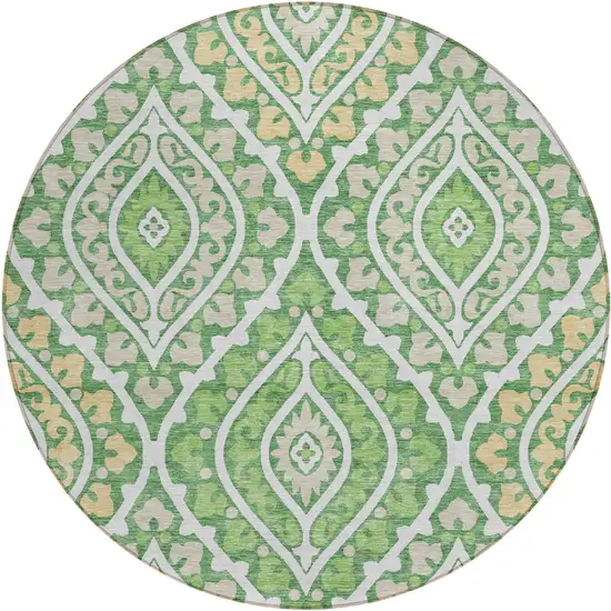 8' Green Beige And Ivory Round Floral Washable Indoor Outdoor Area Rug Photo 1