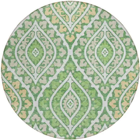 8' Green Beige And Ivory Round Floral Washable Indoor Outdoor Area Rug Photo 1