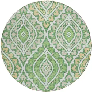 Photo of 8' Green Beige And Ivory Round Floral Washable Indoor Outdoor Area Rug