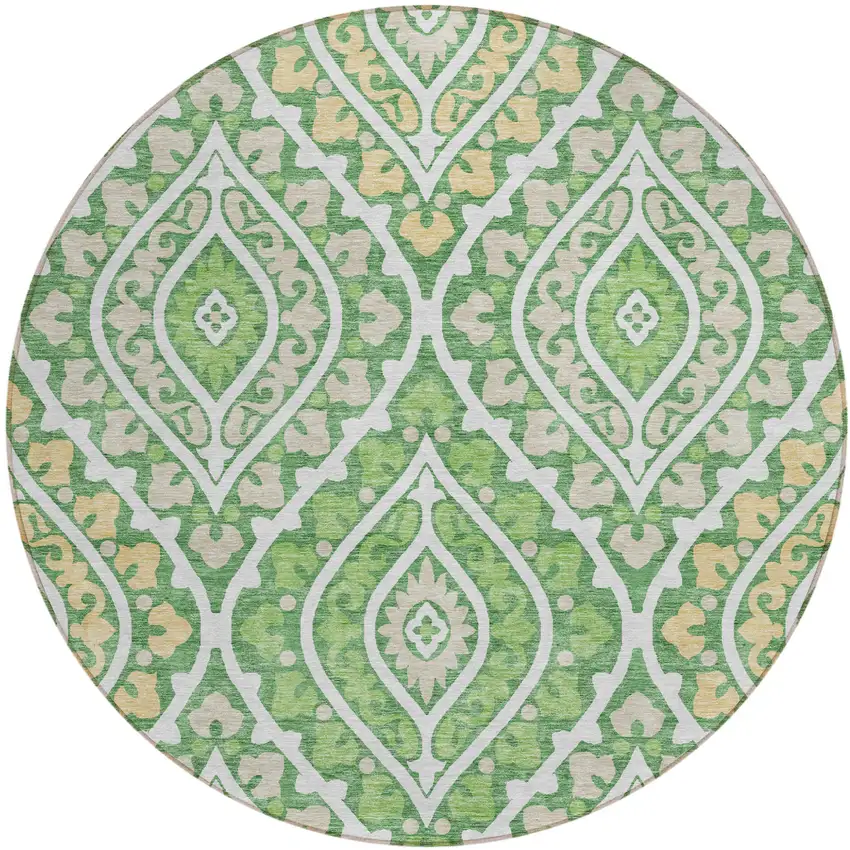8' Green Beige And Ivory Round Floral Washable Indoor Outdoor Area Rug Photo 1