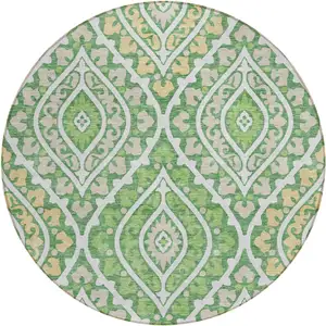 Photo of 8' Green Beige And Ivory Round Floral Washable Indoor Outdoor Area Rug