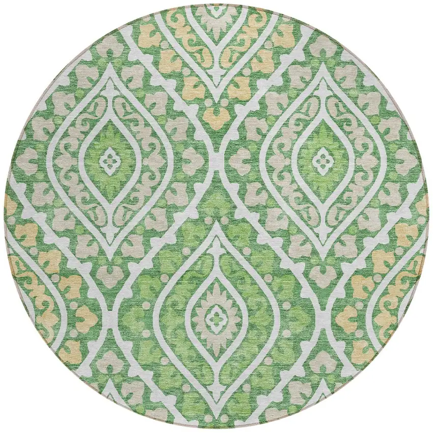 8' Green Beige And Ivory Round Floral Washable Indoor Outdoor Area Rug Photo 4