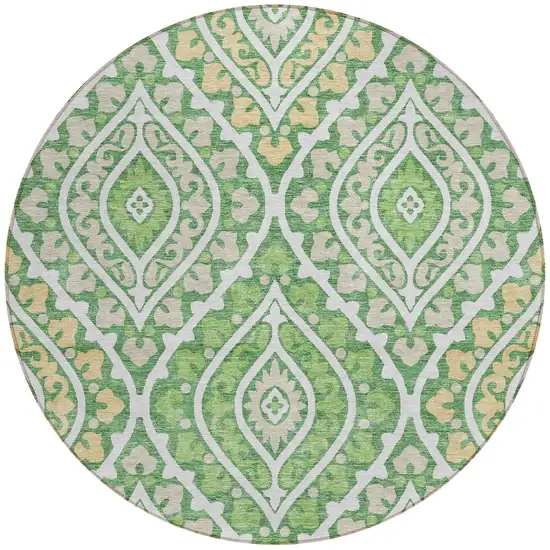 8' Green Beige And Ivory Round Floral Washable Indoor Outdoor Area Rug Photo 4