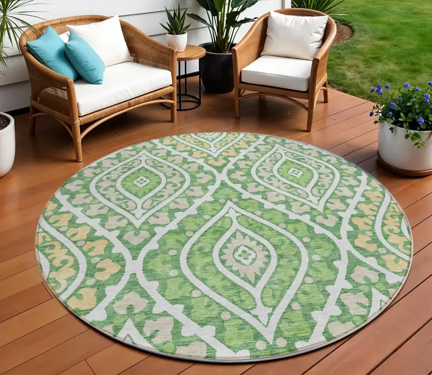 8' Green Beige And Ivory Round Floral Washable Indoor Outdoor Area Rug Photo 1