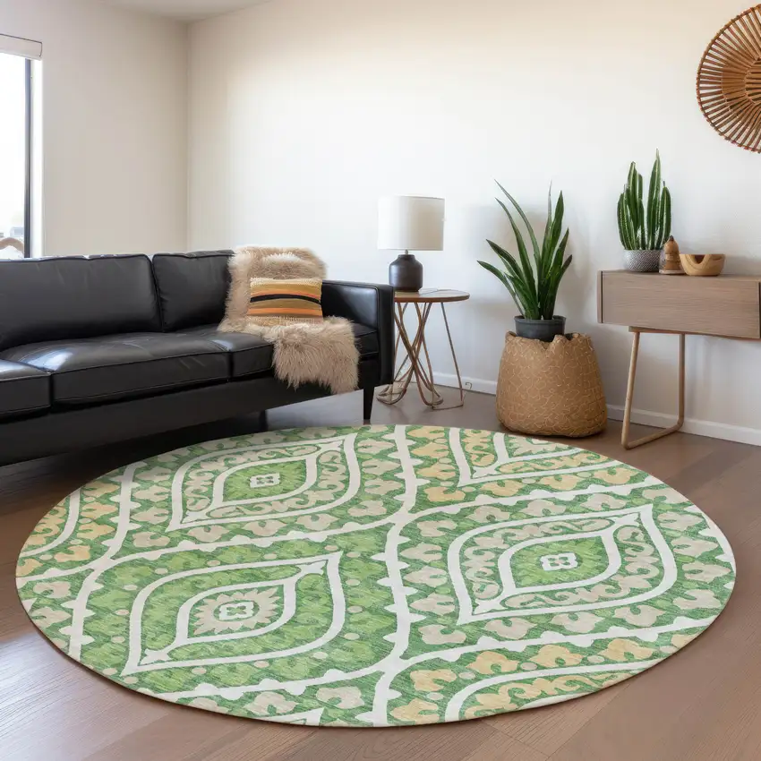 8' Green Beige And Ivory Round Floral Washable Indoor Outdoor Area Rug Photo 7