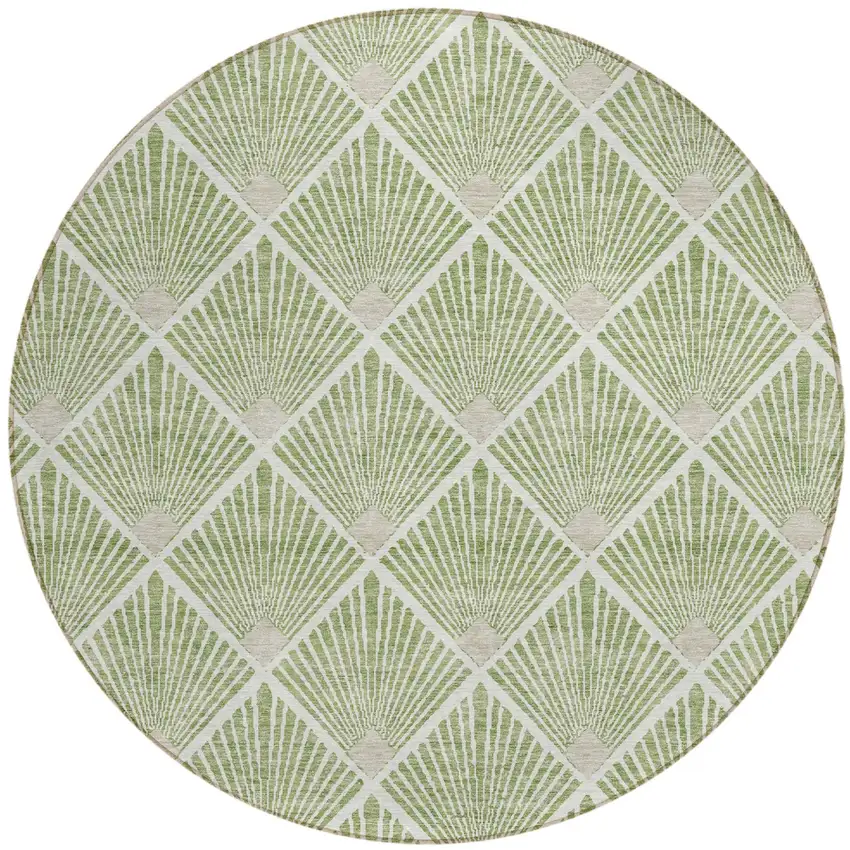 8' Green Beige And Ivory Round Geometric Washable Indoor Outdoor Area Rug Photo 2