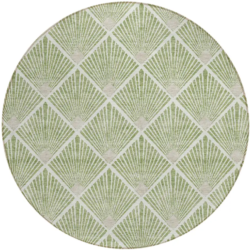 8' Green Beige And Ivory Round Geometric Washable Indoor Outdoor Area Rug Photo 2