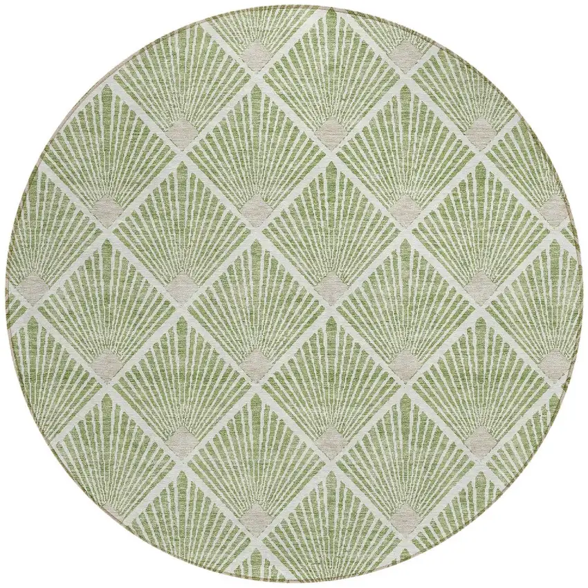8' Green Beige And Ivory Round Geometric Washable Indoor Outdoor Area Rug Photo 5