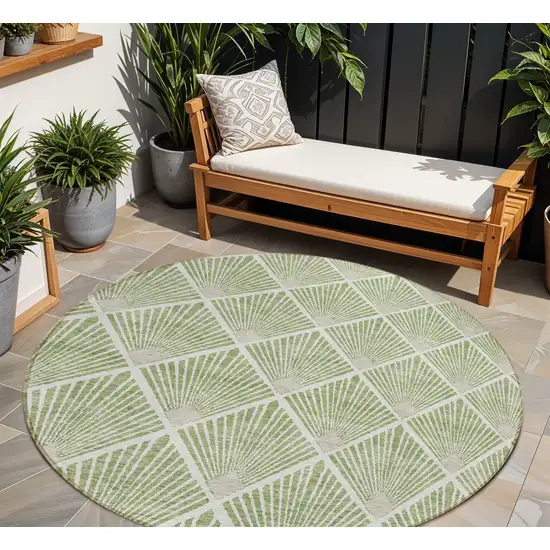 8' Green Beige And Ivory Round Geometric Washable Indoor Outdoor Area Rug Photo 1