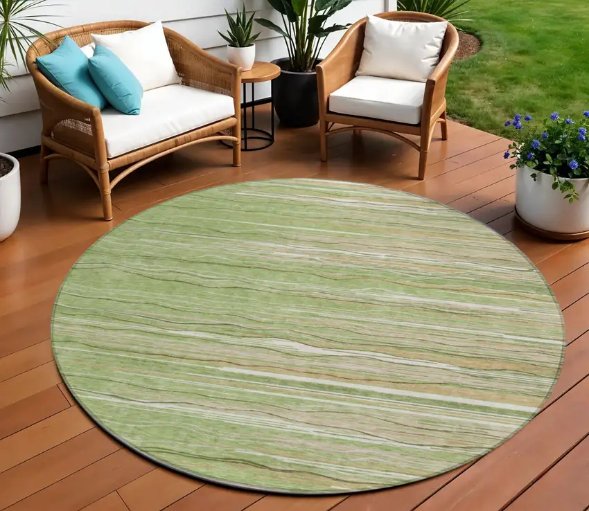 8' Green Beige And Ivory Round Striped Washable Indoor Outdoor Area Rug Photo 1