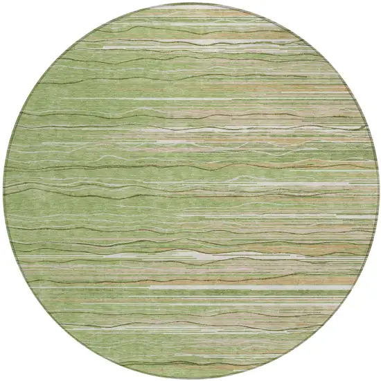 8' Green Beige And Ivory Round Striped Washable Indoor Outdoor Area Rug Photo 2