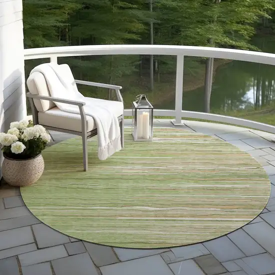 8' Green Beige And Ivory Round Striped Washable Indoor Outdoor Area Rug Photo 6