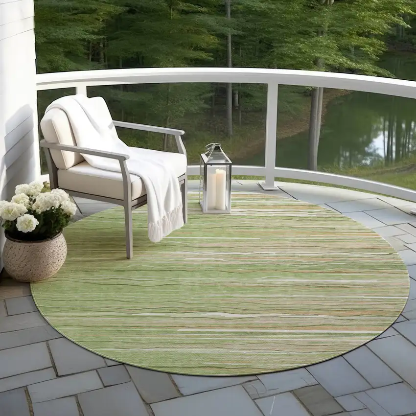 8' Green Beige And Ivory Round Striped Washable Indoor Outdoor Area Rug Photo 6