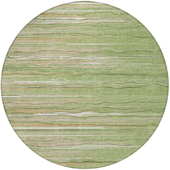 8' Green Beige And Ivory Round Striped Washable Indoor Outdoor Area Rug Photo 5