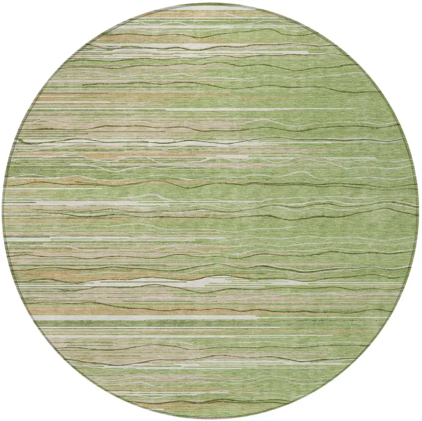 8' Green Beige And Ivory Round Striped Washable Indoor Outdoor Area Rug Photo 5