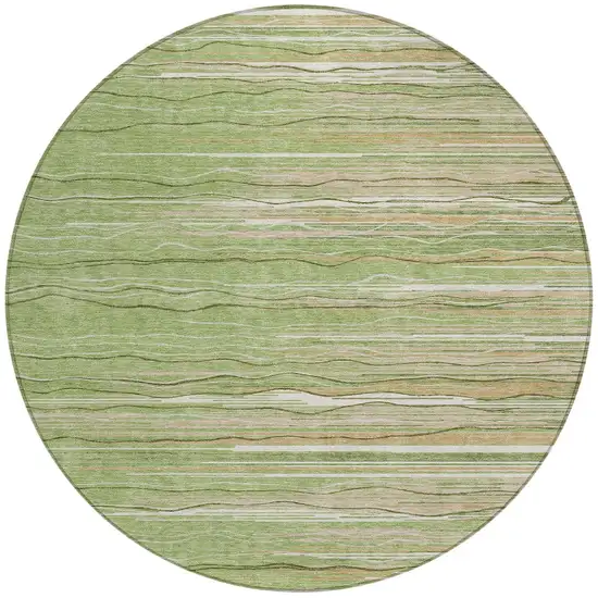 8' Green Beige And Ivory Round Striped Washable Indoor Outdoor Area Rug Photo 4