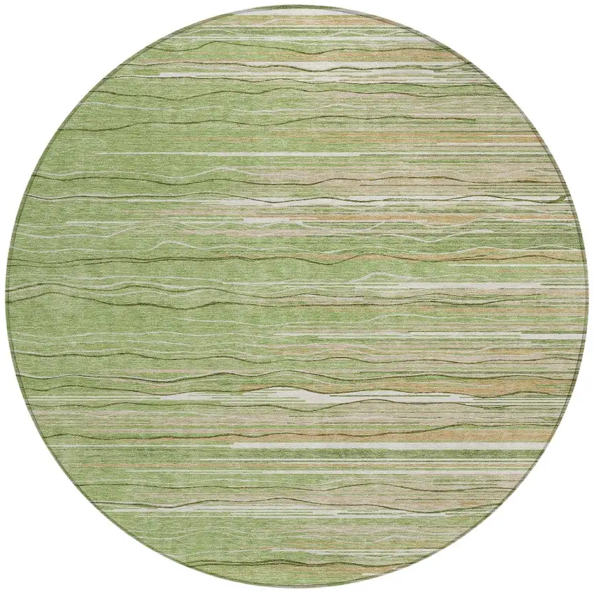 8' Green Beige And Ivory Round Striped Washable Indoor Outdoor Area Rug Photo 4