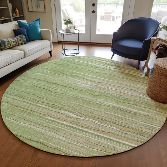 8' Green Beige And Ivory Round Striped Washable Indoor Outdoor Area Rug Photo 7