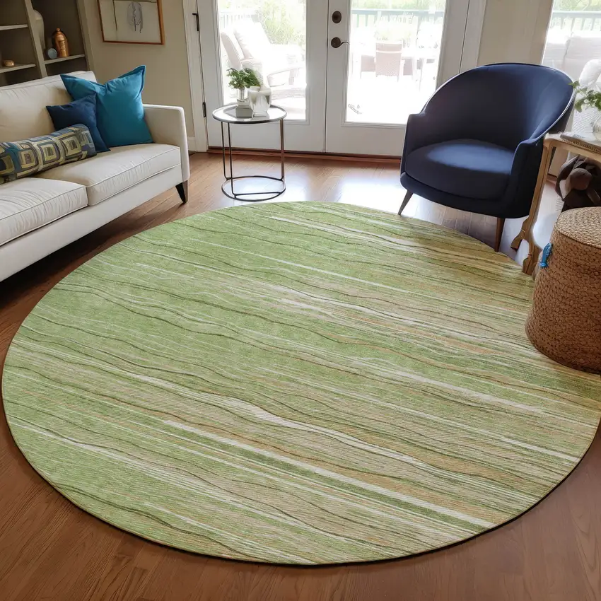 8' Green Beige And Ivory Round Striped Washable Indoor Outdoor Area Rug Photo 7
