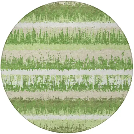 8' Green Beige And Ivory Round Striped Washable Indoor Outdoor Area Rug Photo 4
