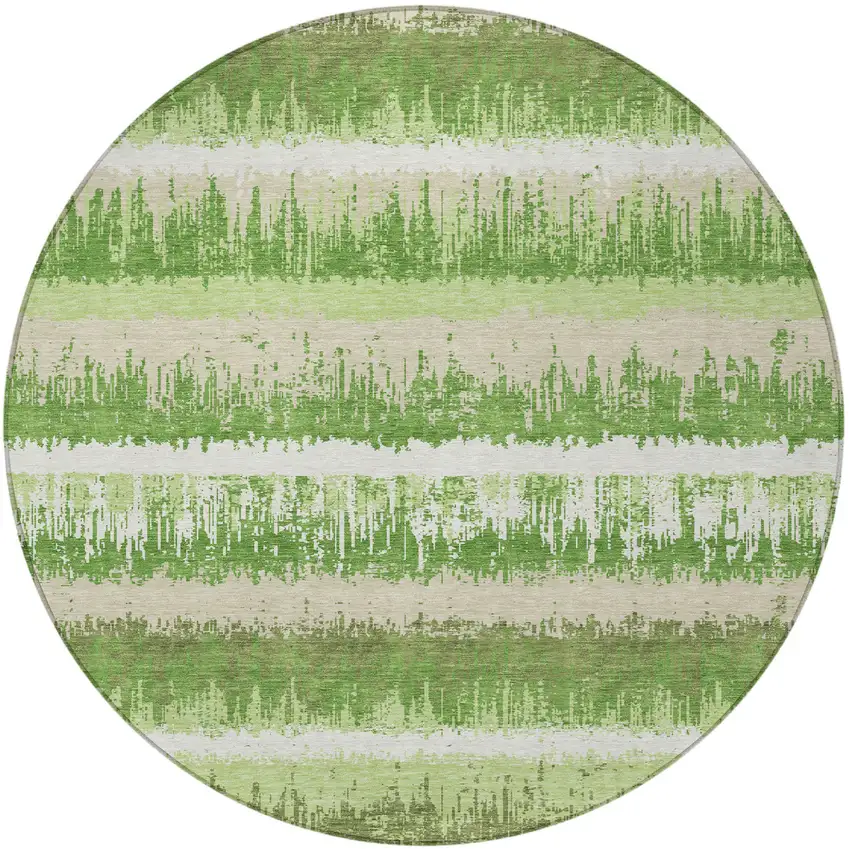8' Green Beige And Ivory Round Striped Washable Indoor Outdoor Area Rug Photo 4