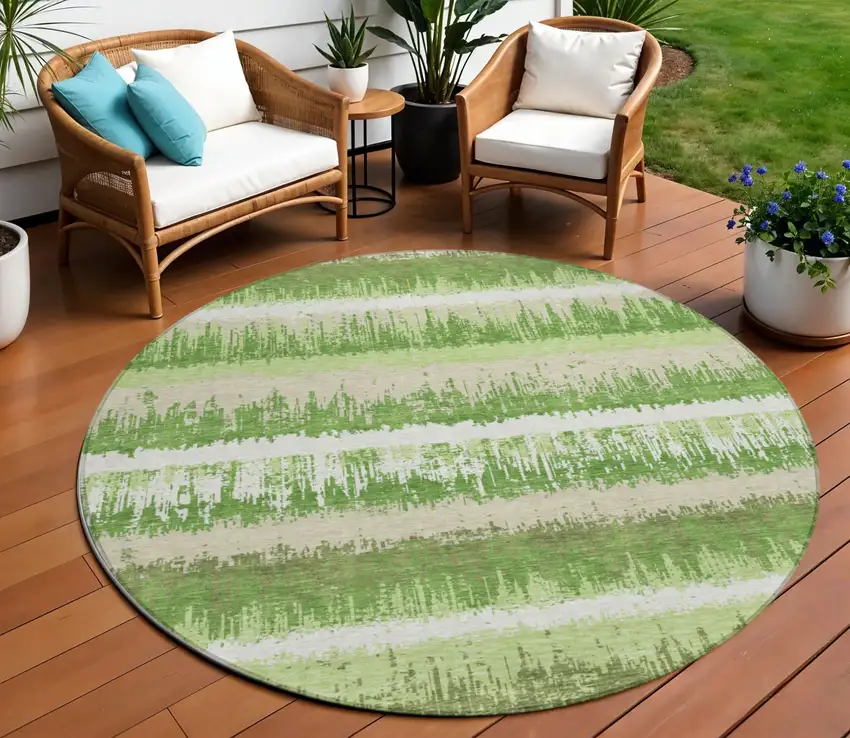 8' Green Beige And Ivory Round Striped Washable Indoor Outdoor Area Rug Photo 1