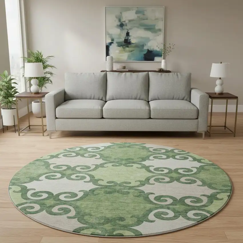 8' Green Beige And Ivory Trellis Washable Round Rug With UV Protection Photo 2