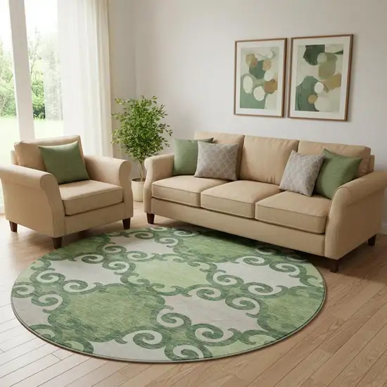 8' Green Beige And Ivory Trellis Washable Round Rug With UV Protection Photo 1