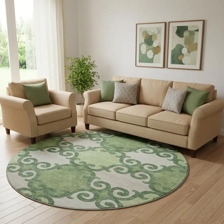 8' Green Beige And Ivory Trellis Washable Round Rug With UV Protection Photo 1