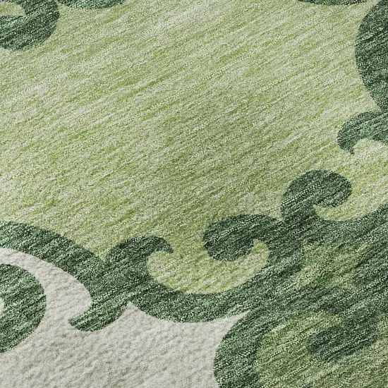 8' Green Beige And Ivory Trellis Washable Round Rug With UV Protection Photo 9