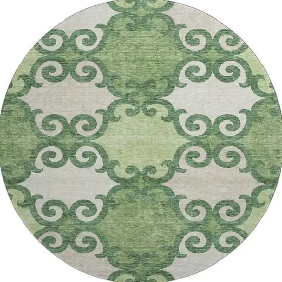 8' Green Beige And Ivory Trellis Washable Round Rug With UV Protection Photo 3
