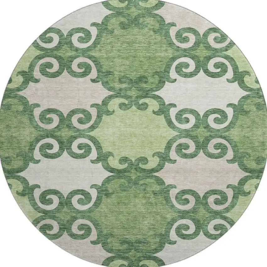 8' Green Beige And Ivory Trellis Washable Round Rug With UV Protection Photo 3