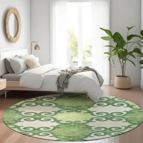 8' Green Beige And Ivory Trellis Washable Round Rug With UV Protection Photo 5