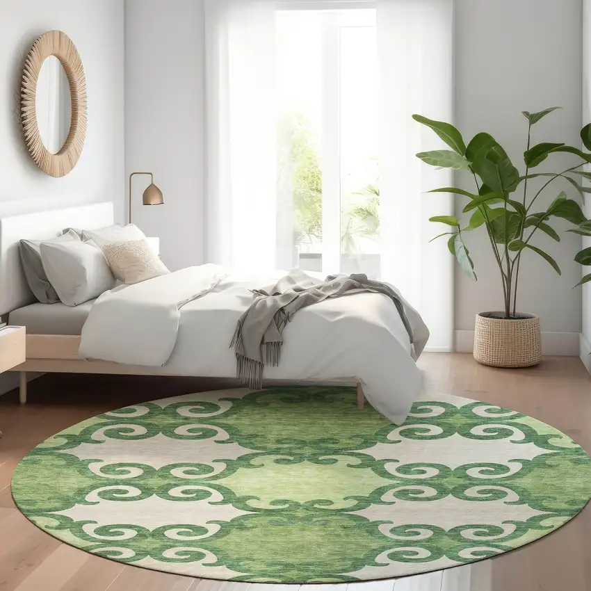 8' Green Beige And Ivory Trellis Washable Round Rug With UV Protection Photo 5