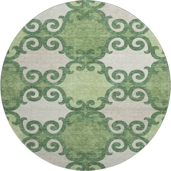 8' Green Beige And Ivory Trellis Washable Round Rug With UV Protection Photo 1