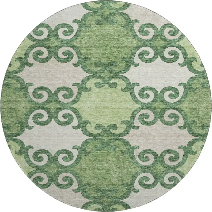 8' Green Beige And Ivory Trellis Washable Round Rug With UV Protection Photo 1