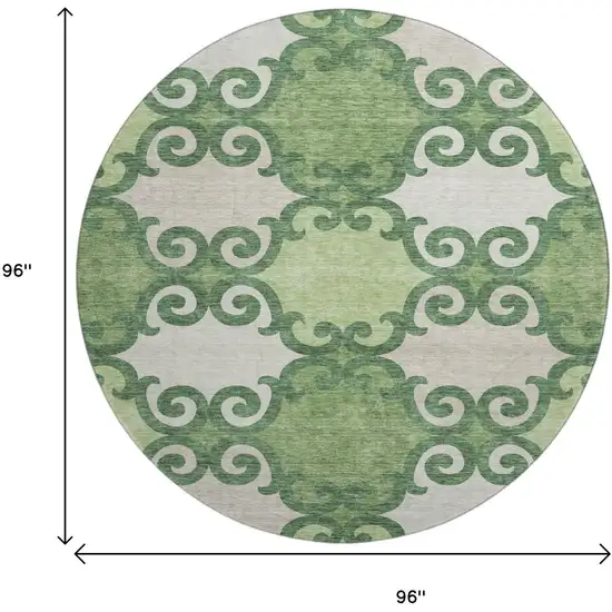 8' Green Beige And Ivory Trellis Washable Round Rug With UV Protection Photo 8