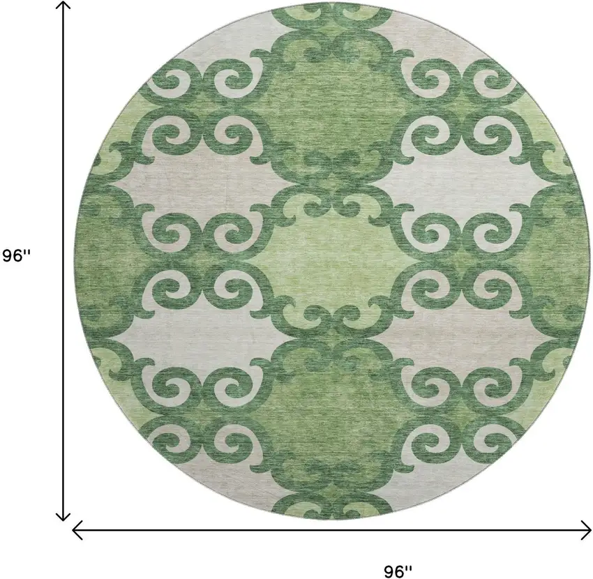 8' Green Beige And Ivory Trellis Washable Round Rug With UV Protection Photo 8