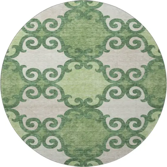 8' Green Beige And Ivory Trellis Washable Round Rug With UV Protection Photo 4