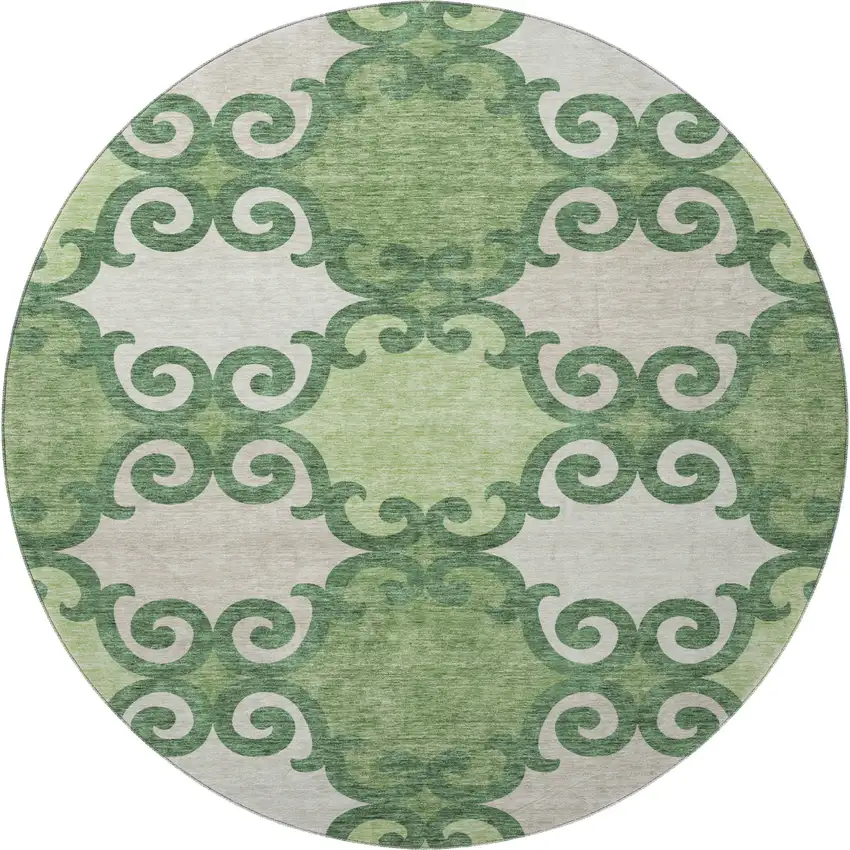 8' Green Beige And Ivory Trellis Washable Round Rug With UV Protection Photo 4