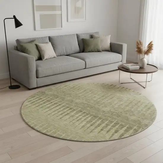 8' Green Beige And Sage Striped Washable Round Rug With UV Protection Photo 2