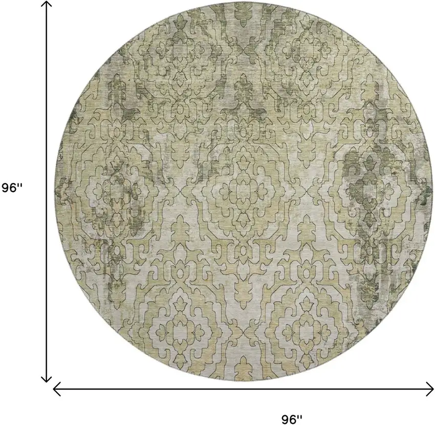 8' Green Beige And Taupe Medallion Washable Round Rug With UV Protection Photo 3