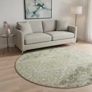 Photo of 8' Green Beige And Taupe Medallion Washable Round Rug With UV Protection